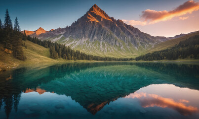 A serene mountain lake reflects the majestic peak and a colorful sunset sky