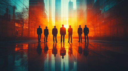 Businessman in an Office Building Overlooking Cityscape with Double Exposure Effect, Symbolizing Corporate Collaboration and Teamwork Amidst a Skyscraper Backdrop in Soft Daylight