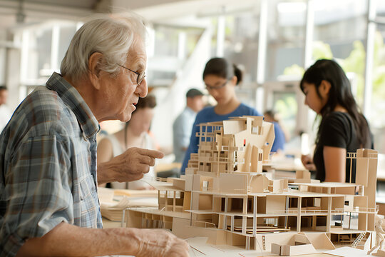 Architecture Professor Critiquing Student Architectural Models in a Design Studio - Powered by Adobe