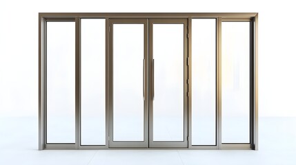 9. **A contemporary aluminum frame door with clear glass panels, isolated on a pristine white background.