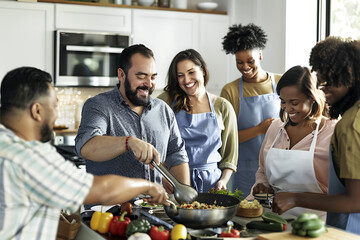 Culinary Instructor Demonstrating Cooking Techniques to Diverse Adults in Kitchen Class