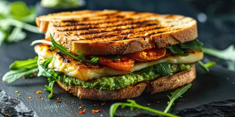 Toasted cheese sandwich with grilled halloumi, avocado guacamole, and arugula Ã¢â‚¬â€œ a healthy meal choice.