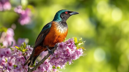 Fototapeta premium A Vibrant Bird Perched on a Branch of Blossoms