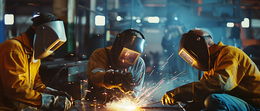 Skilled vocational trainer demonstrating welding techniques to apprentices in a workshop setting