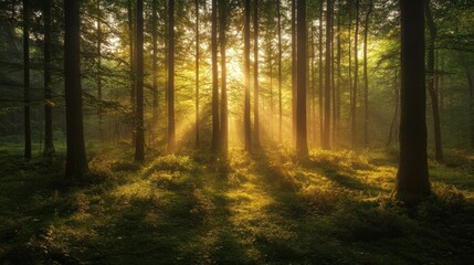 Sunbeams Filtering Through Dense Forest Canopy at Sunrise