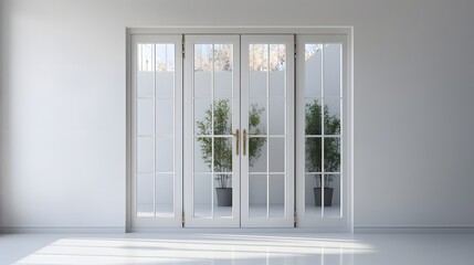 11. **A chic French door with glass panels and elegant hinges, rendered on a pristine white background.
