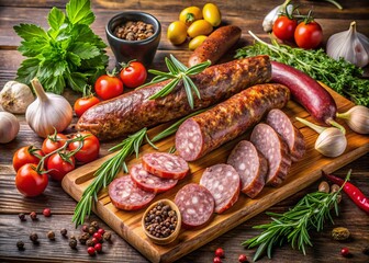 Culinary Symphony: Harmonious blend of flavors, aromatic herbs, rich sausage, layered textures, warm and inviting palette.