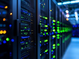 Naklejka premium A close-up view of modern server racks with glowing lights, showcasing technology and data storage in a data center.