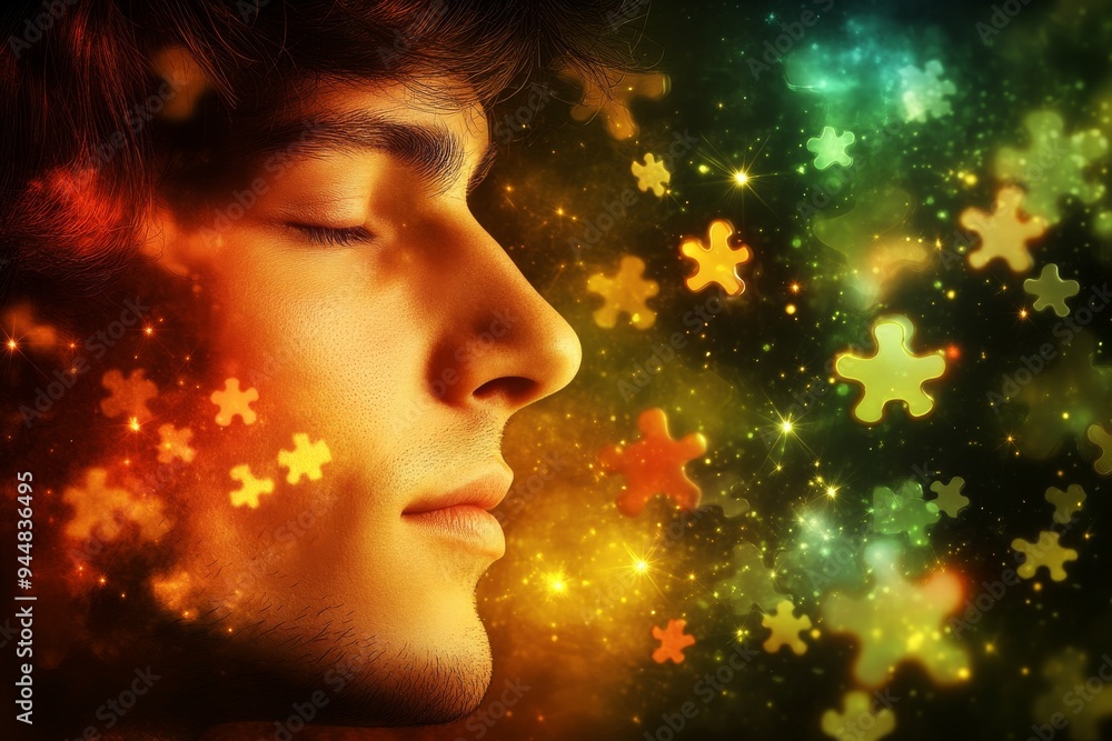 Poster young man with closed eyes surrounded by glowing puzzle pieces symbolizing the peaceful contemplatio