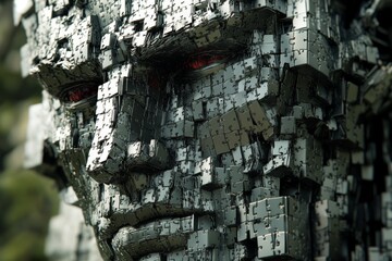 Close up of a robotic face with fragmented puzzle pieces symbolizing the complexity of artificial intelligence and the blending of human and machine consciousness in a dystopian world