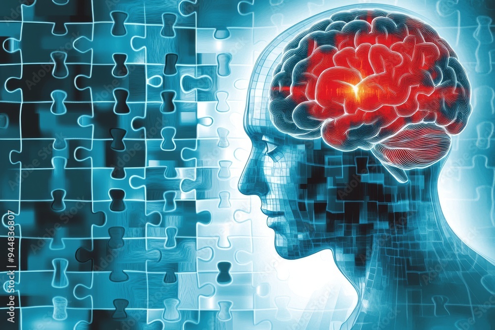 Poster digital silhouette of a human head with a glowing red brain symbolizing the convergence of technolog