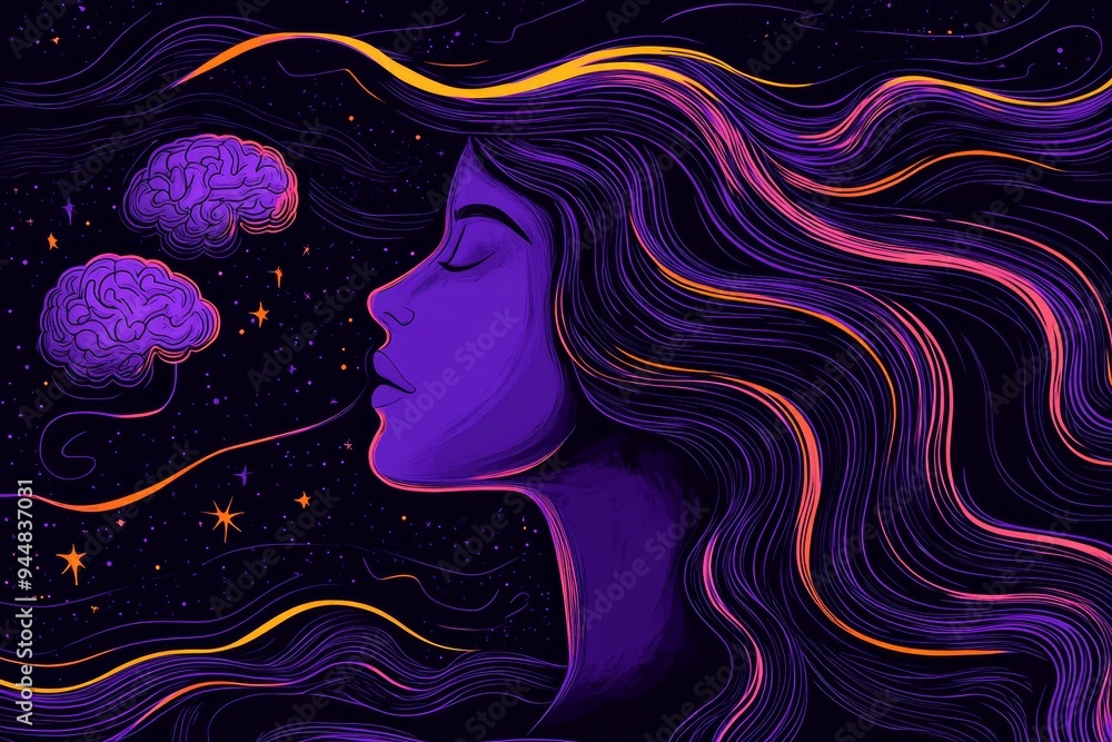 Poster vivid abstract illustration of a womans profile with swirling neural patterns symbolizing the intric