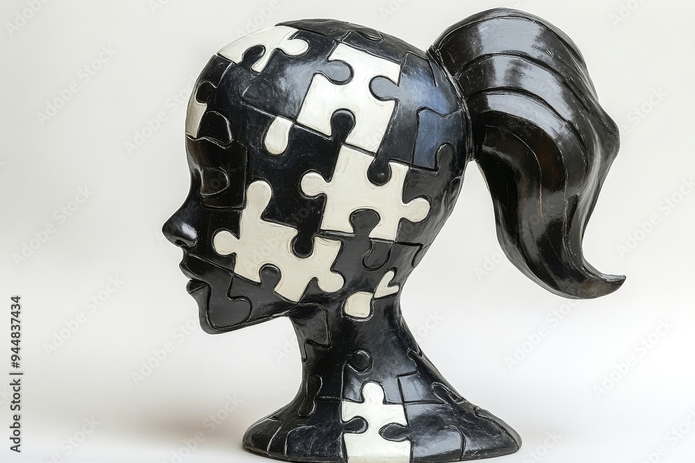 Poster monochrome bust of a womans head made of puzzle pieces representing the complexity of the mind and t