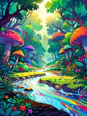 Vibrant Forest Stream With Rainbow Sky