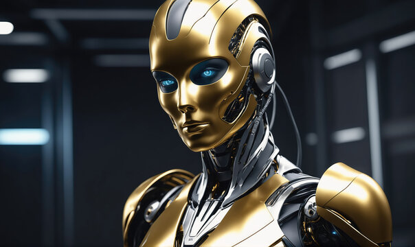 A golden robot with blue eyes stares straight ahead in a dark room