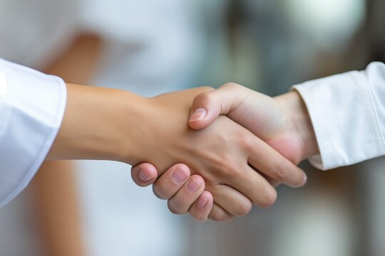 Business handshake symbolizing partnership in a corporate city