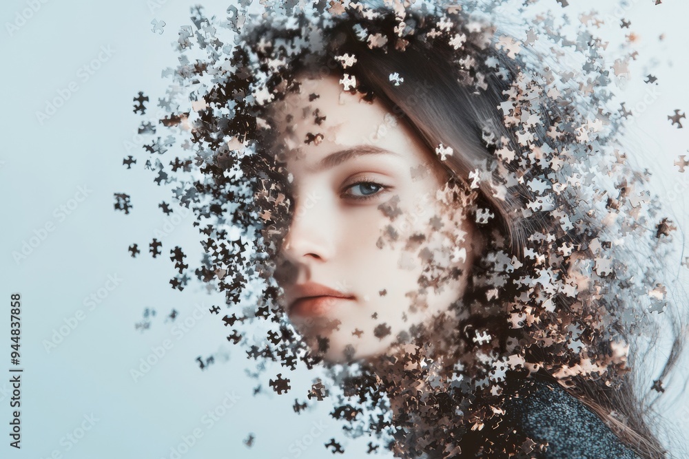 Aufkleber surreal portrait of a woman dissolving into puzzle pieces symbolizing the fragmentation of identity 