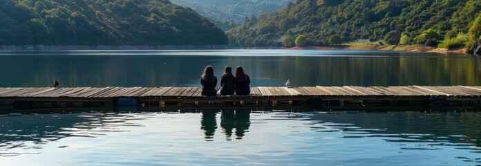 Obraz premium Three Friends on a Wooden Dock
