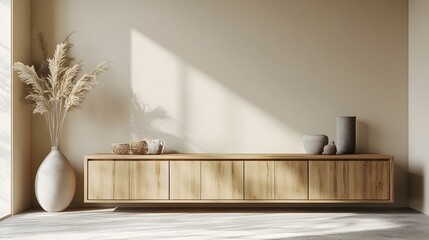 Modern Wooden Sideboard with Decorative Items in Minimalist Room Design