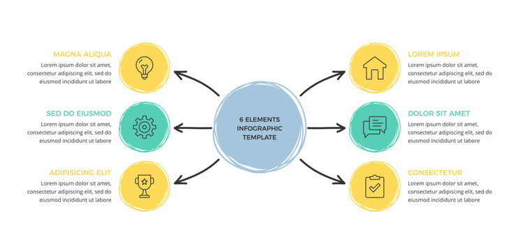 Hand drawn diagram or mind map template with six elements, doodle infographics, vector eps10 illustration