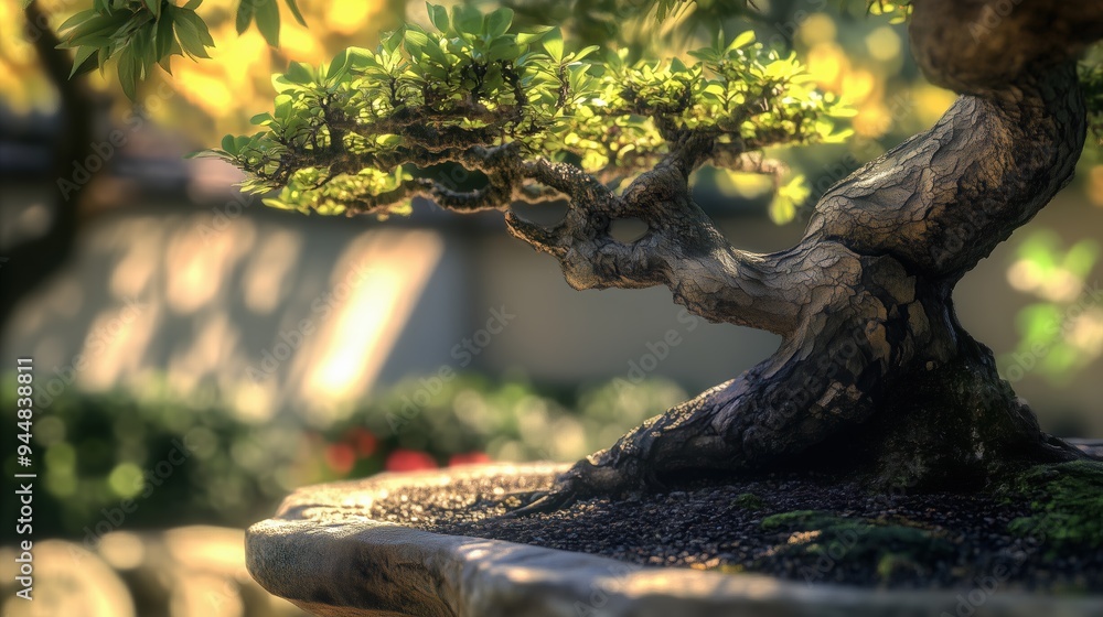 Poster a close-up view of a bonsai tree with intricate branches and lush green leaves, set in a decorative 