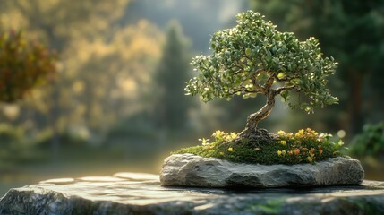 Fototapeta premium A small bonsai tree sits atop a rock, surrounded by vibrant green moss and tiny flowers. The background features a soft-focus natural landscape with warm sunlight filtering.