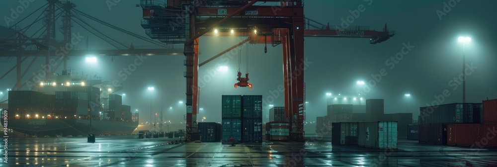 Poster nighttime container stacking at a shipping terminal