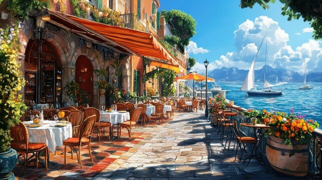 Fototapeta A Picturesque Italian Cafe Overlooking a Blue Bay with Sailboats