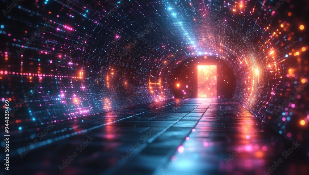 Poster a 3d rendering of a futuristic digital tunnel with glowing neon lights.