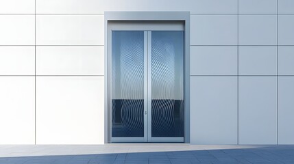 Fototapeta premium 63. **A modern glass door with an etched vertical pattern, displayed on a pristine white background.
