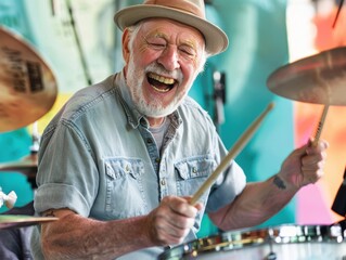 Joyful Senior Drummer in Lively Band: Musical Expression and Creativity in Active Aging