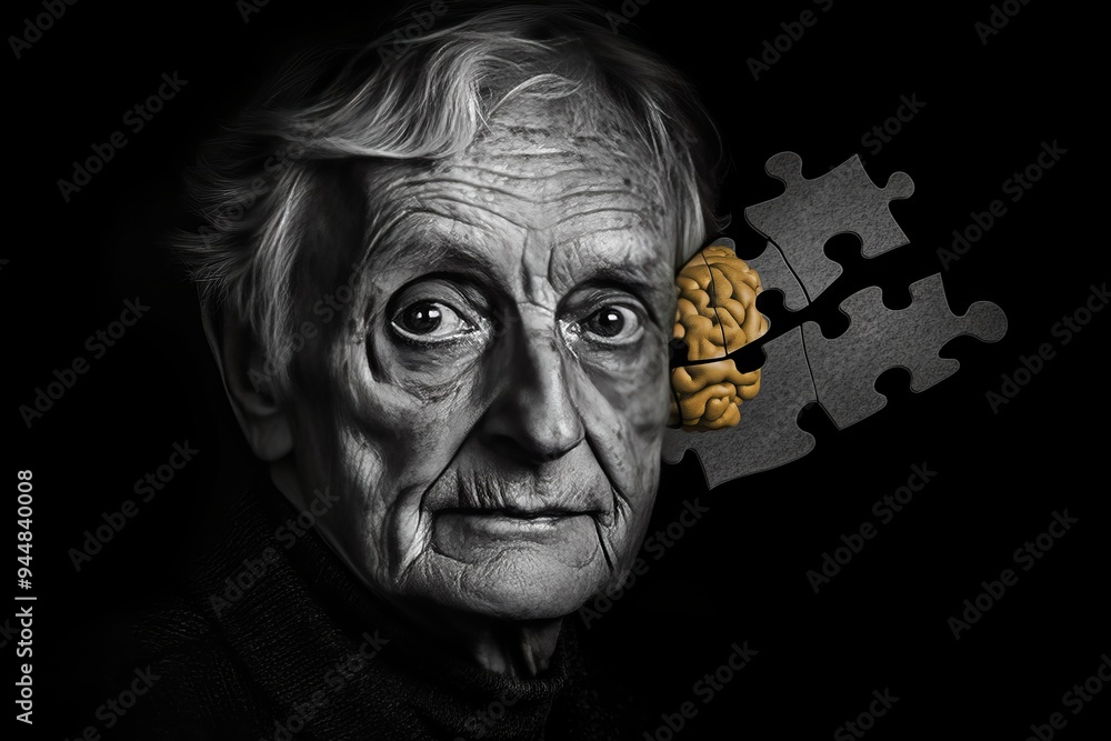 Poster close up of an elderly man with a missing puzzle piece in his forehead symbolizing the gaps in memor
