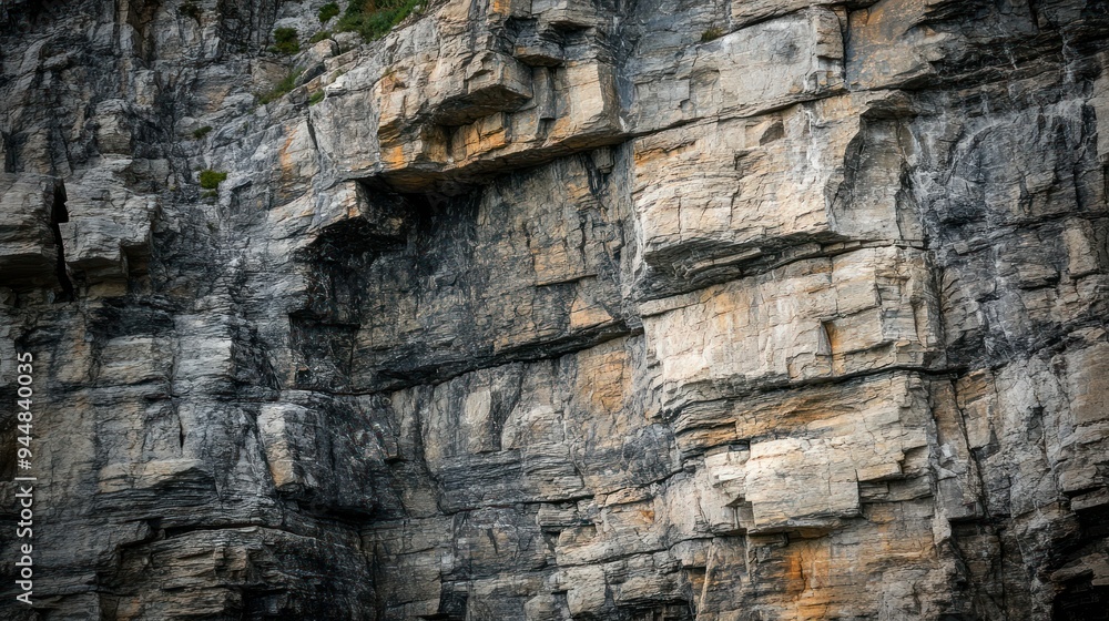 Poster close-up of a gray and tan rock face with cracked and layered textures