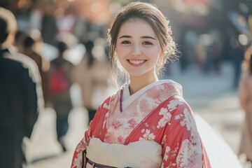 Beautiful Japanese girl wearing yukata dress standing in the street 
