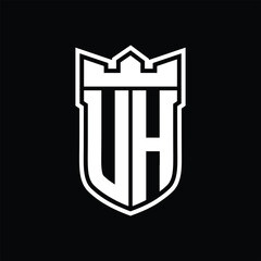 UH Logo shield shape with geometric crown inside white outline on black background template design