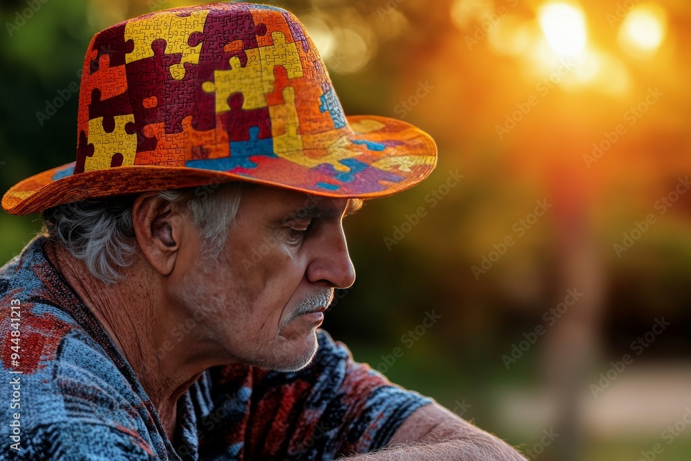 Poster close up of an elderly man with a puzzle piece embedded in his forehead symbolizing the missing memo