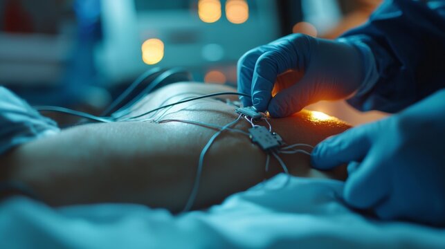 Close-up of an EKG electrode being attached to a patient chest