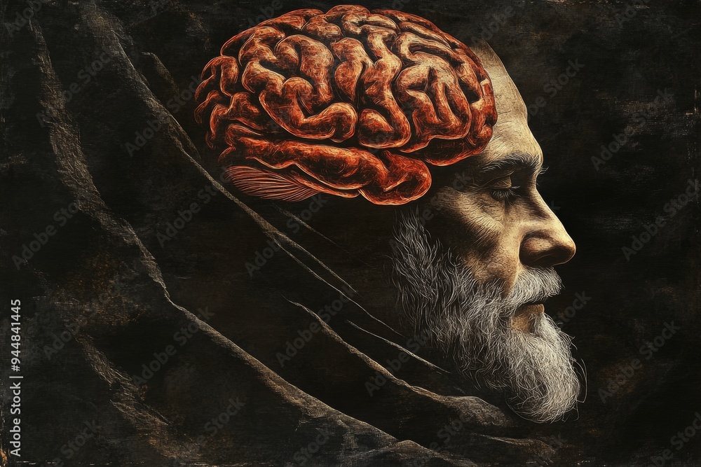 Poster portrait of an elderly man with a glowing brain against a dark background symbolizing the brightness