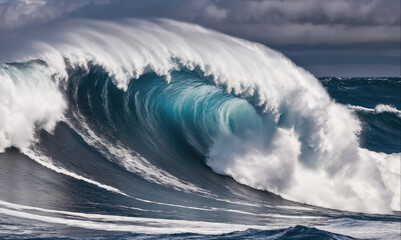 A large wave crashes in the ocean, creating a massive, foamy plume of water
