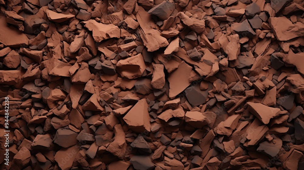 Poster textured surface made of various sizes of reddish-brown rocks and clay fragments, creating an earthy