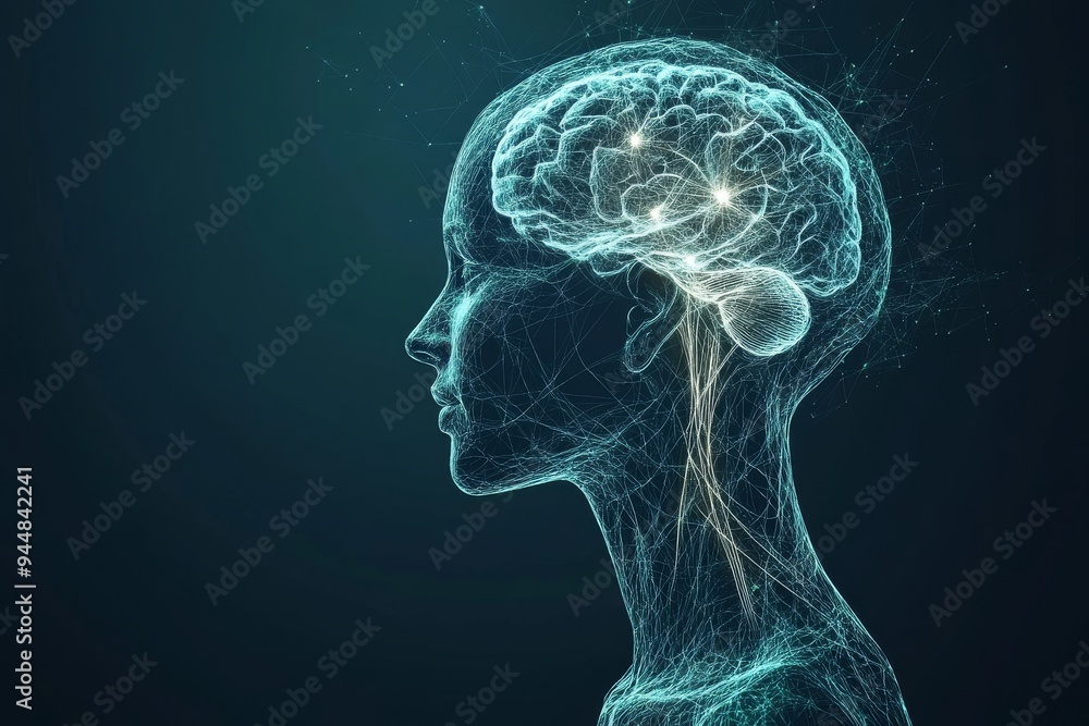 Poster digital wireframe of a human brain in profile symbolizing the intricate structure of thoughts and th