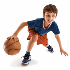 Child playing basketball isolated in white background