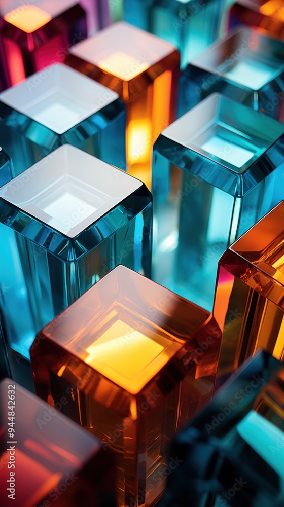 Poster a vibrant arrangement of colorful glass blocks in various shades, reflecting light beautifully. the 