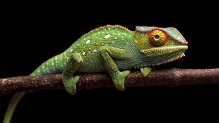 Obraz premium A green chameleon hangs onto a branch, its long legs wrapped around it for balance, with the exotic tree and chameleon vividly contrasting against a black background
