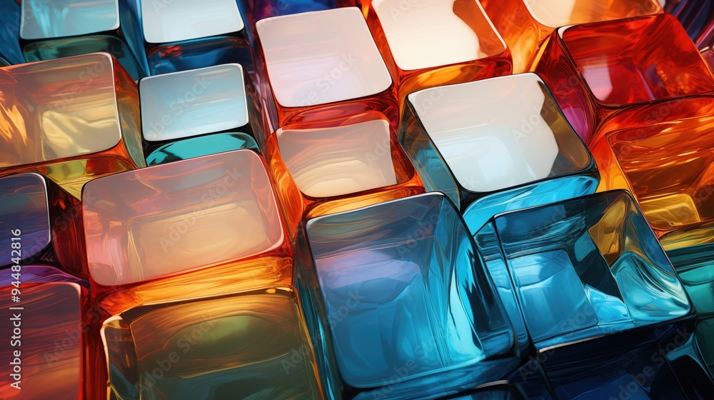 Poster a vibrant abstract composition of colorful glass blocks in various shapes and sizes, reflecting ligh