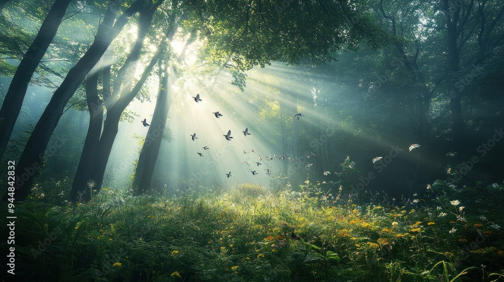 Poster sunlight filtering through trees in a misty forest with birds flying