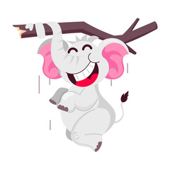 Happy elephant hanging with tree branch, flat sticker 

