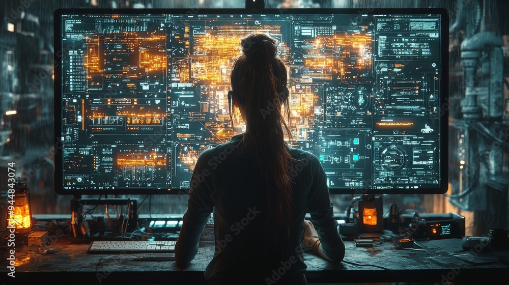 Poster woman using computer with futuristic interface