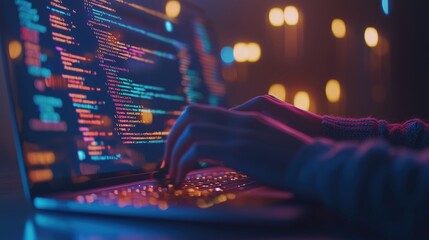 Coding Workspace in Dim Digital Environment with Glowing Computer Screen