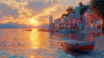 Obraz premium Sunset Over Coastal Town with Boat at Anchor